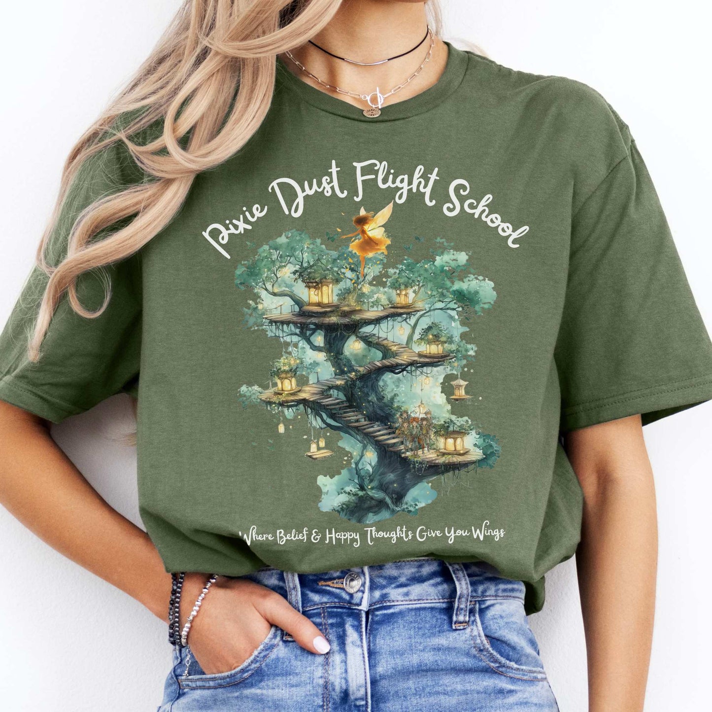 Pixie Dust Flight School Peter Pan Shirt - J M Barrie Military Green / S T-Shirt The Mystic Eden Bookish Book Lovers