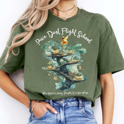 Pixie Dust Flight School Peter Pan Shirt - J M Barrie Military Green / S T-Shirt The Mystic Eden Bookish Book Lovers