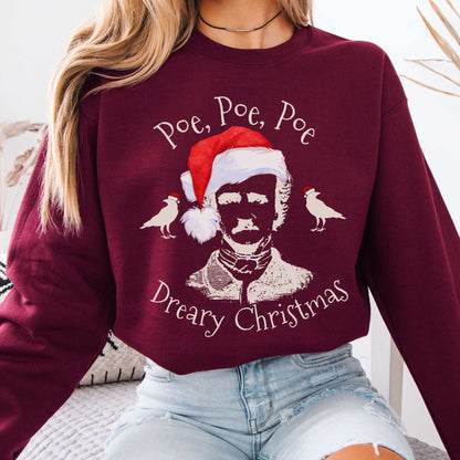 Poe, Poe, Poe - Dreary Christmas Sweatshirt Maroon / S Sweatshirt The Mystic Eden Bookish Book Lovers