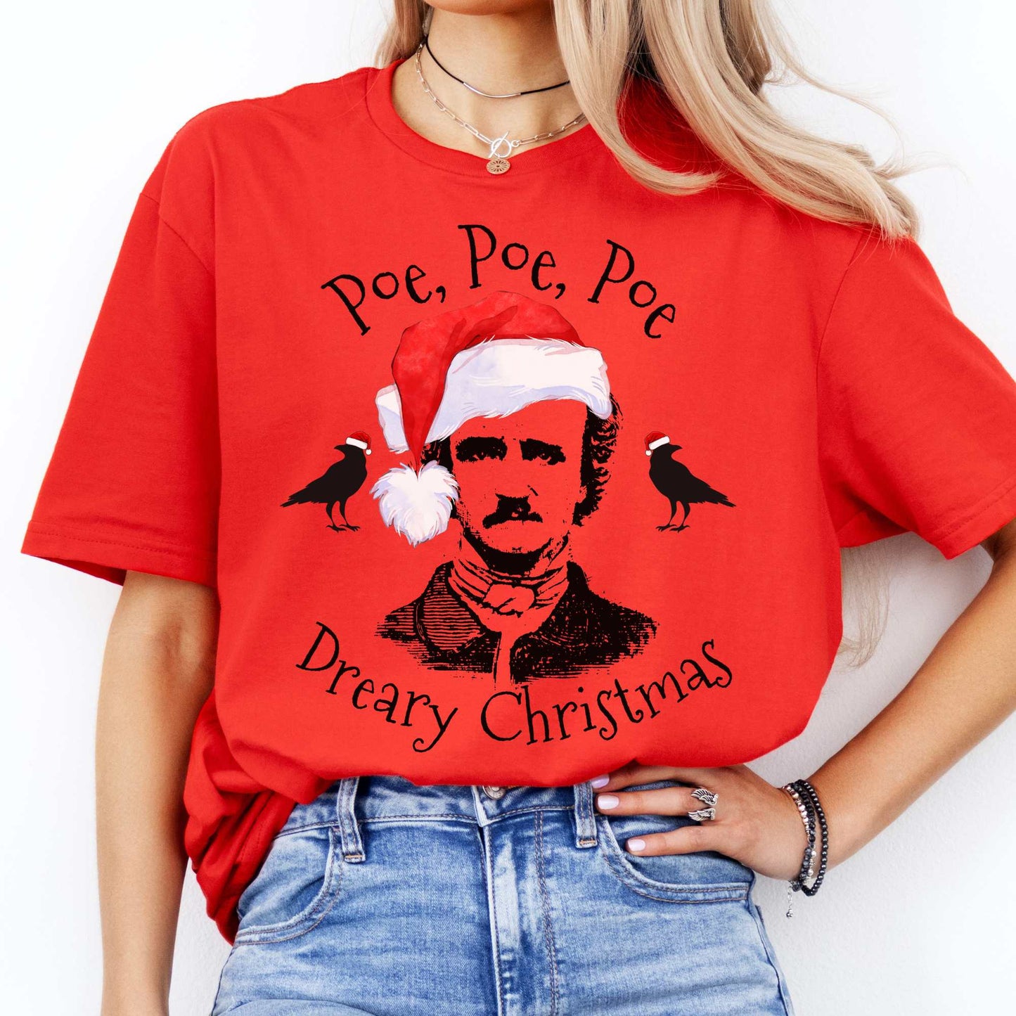 Poe, Poe, Poe - Dreary Christmas Tee Red / S T-Shirt The Mystic Eden Bookish Book Lovers