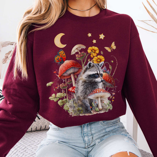 Raccoon Cottagecore Sweatshirt Maroon / S Sweatshirt The Mystic Eden Bookish Book Lovers