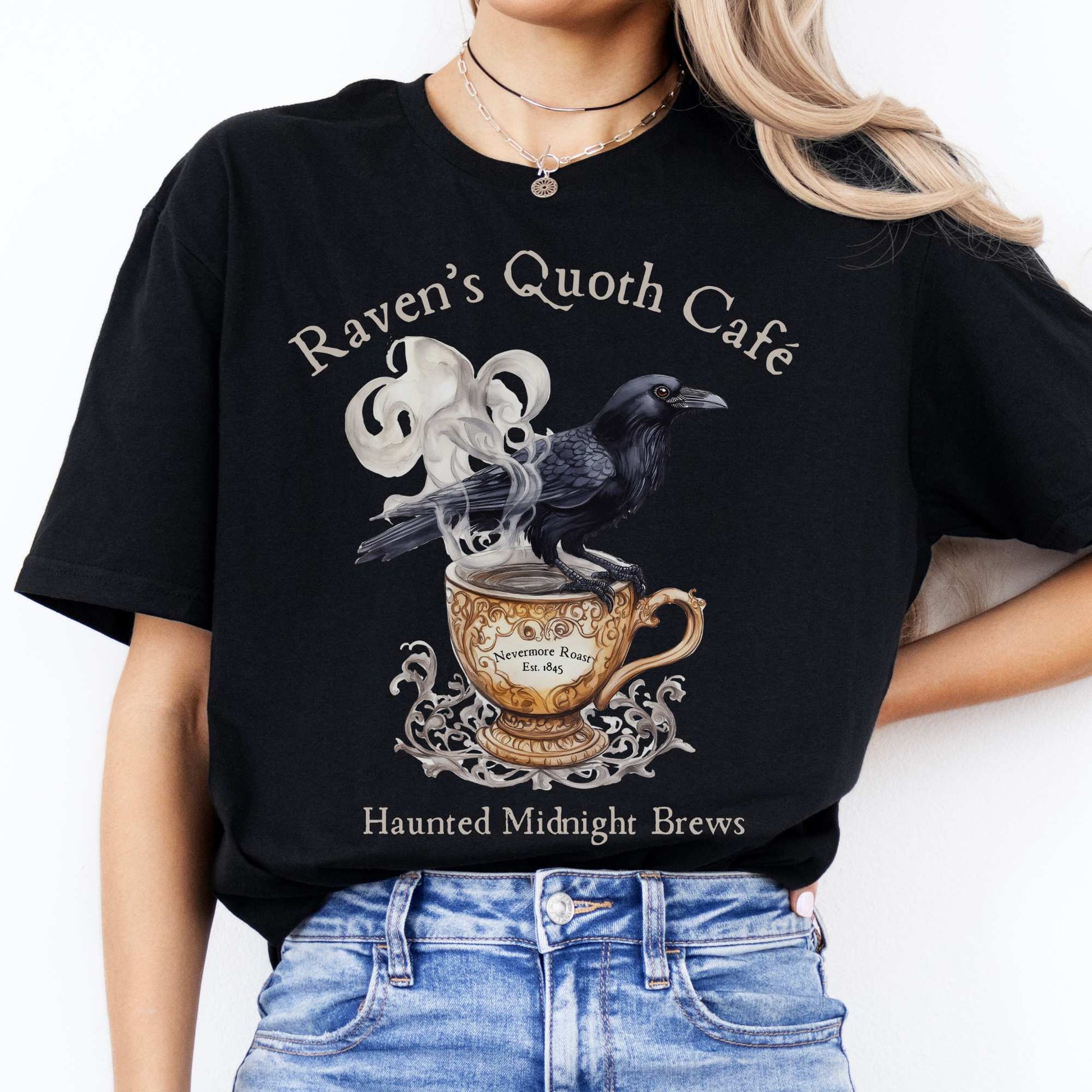 Raven Quoth Cafe Haunted Midnight Brews Edgar Allan Poe Shirt Black / S T-Shirt The Mystic Eden Bookish Book Lovers