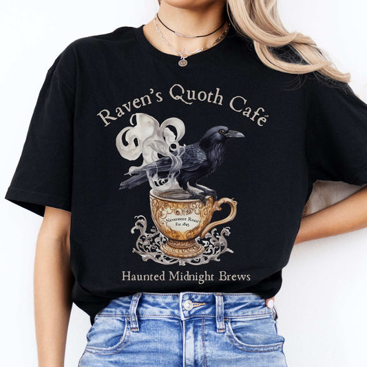 Raven Quoth Cafe Haunted Midnight Brews Edgar Allan Poe Shirt Black / S T-Shirt The Mystic Eden Bookish Book Lovers