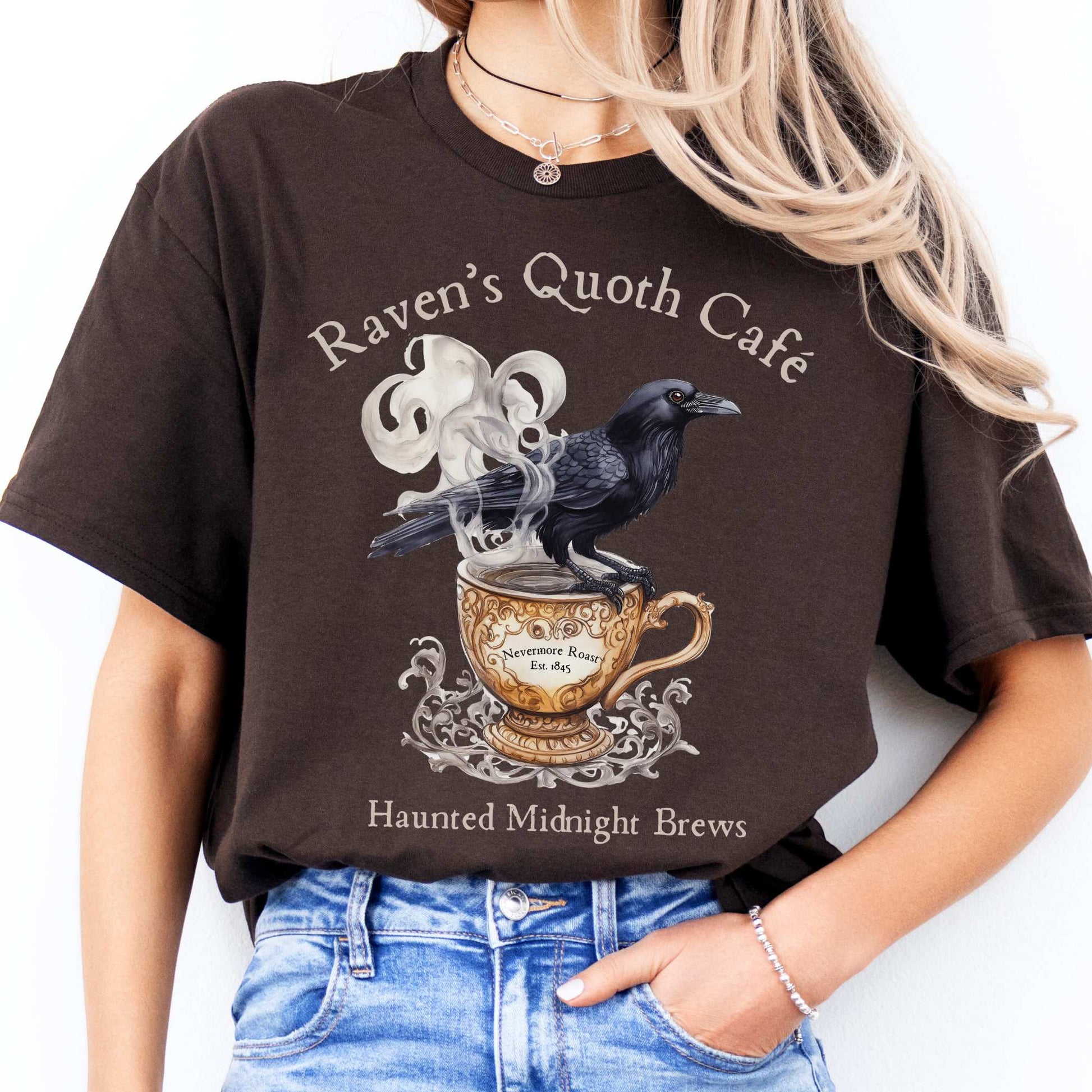 Raven Quoth Cafe Haunted Midnight Brews Edgar Allan Poe Shirt Dark Chocolate / S T-Shirt The Mystic Eden Bookish Book Lovers