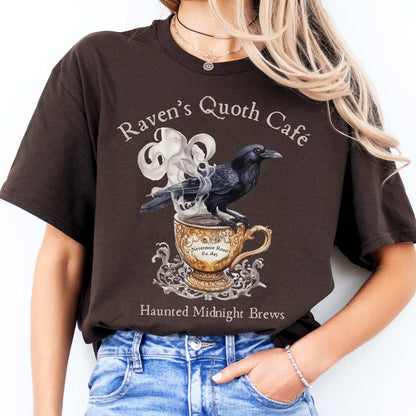 Raven Quoth Cafe Haunted Midnight Brews Edgar Allan Poe Shirt Dark Chocolate / S T-Shirt The Mystic Eden Bookish Book Lovers