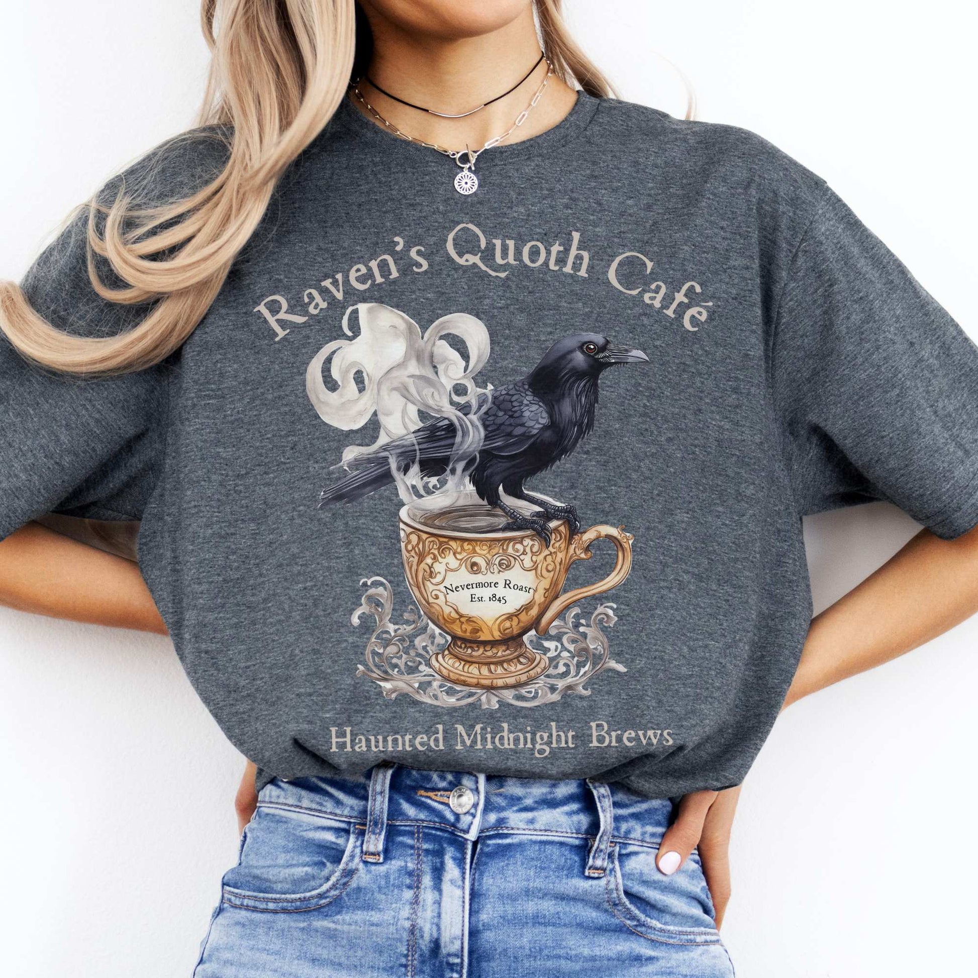 Raven Quoth Cafe Haunted Midnight Brews Edgar Allan Poe Shirt Dark Heather / S T-Shirt The Mystic Eden Bookish Book Lovers