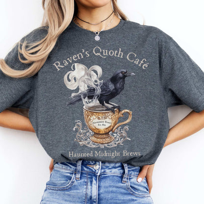Raven Quoth Cafe Haunted Midnight Brews Edgar Allan Poe Shirt Dark Heather / S T-Shirt The Mystic Eden Bookish Book Lovers