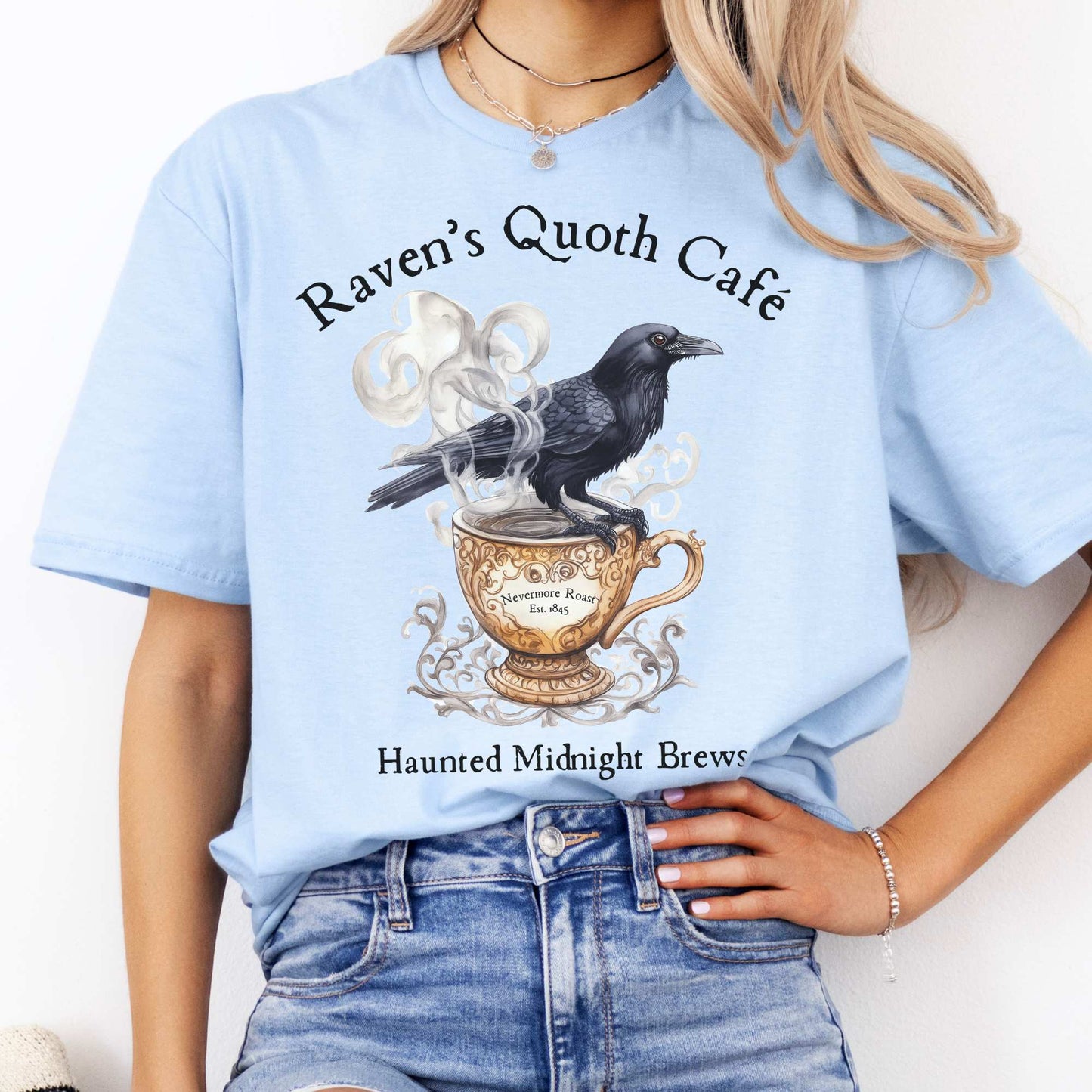 Raven Quoth Cafe Haunted Midnight Brews Edgar Allan Poe Shirt Light Blue / S T-Shirt The Mystic Eden Bookish Book Lovers