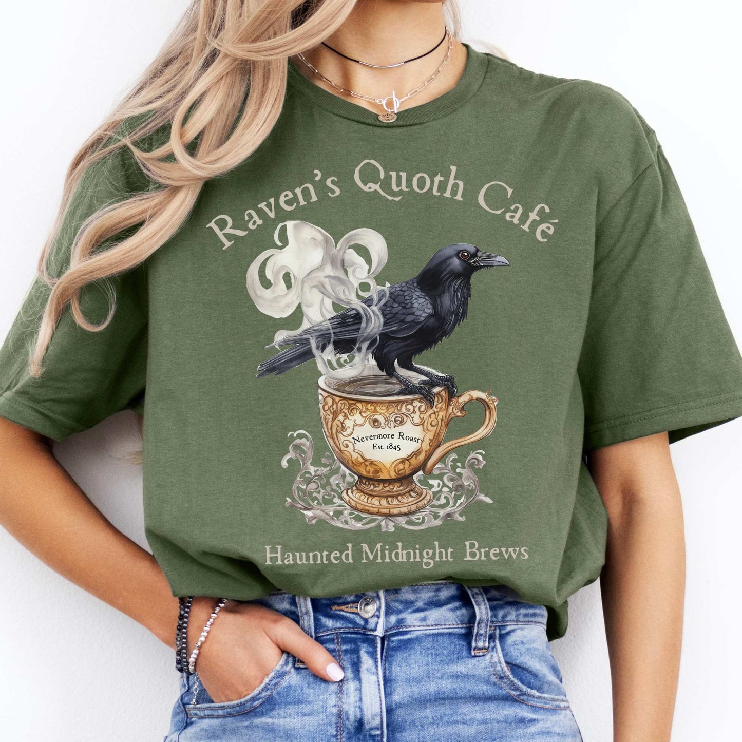 Raven Quoth Cafe Haunted Midnight Brews Edgar Allan Poe Shirt Military Green / S T-Shirt The Mystic Eden Bookish Book Lovers