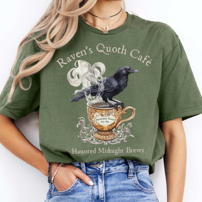 Raven Quoth Cafe Haunted Midnight Brews Edgar Allan Poe Shirt Military Green / S T-Shirt The Mystic Eden Bookish Book Lovers