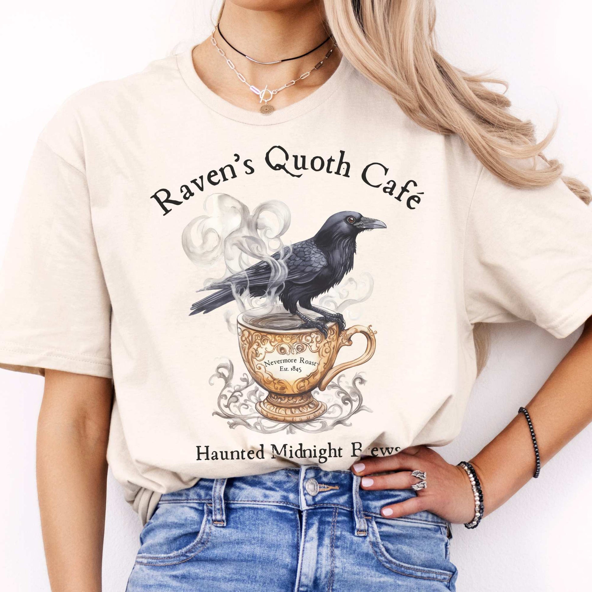 Raven Quoth Cafe Haunted Midnight Brews Edgar Allan Poe Shirt Natural / S T-Shirt The Mystic Eden Bookish Book Lovers