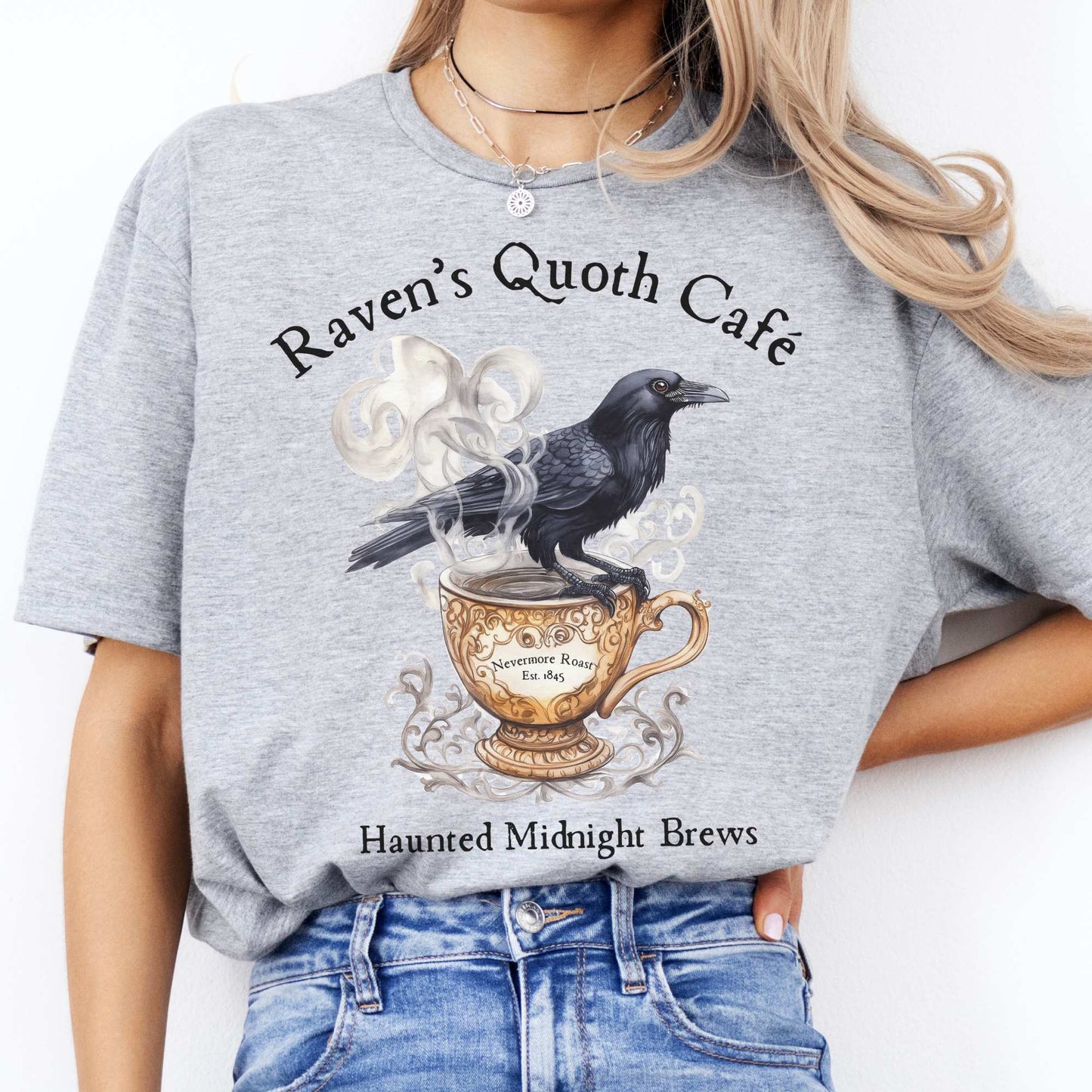 Raven Quoth Cafe Haunted Midnight Brews Edgar Allan Poe Shirt Sport Grey / S T-Shirt The Mystic Eden Bookish Book Lovers