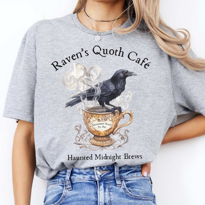 Raven Quoth Cafe Haunted Midnight Brews Edgar Allan Poe Shirt Sport Grey / S T-Shirt The Mystic Eden Bookish Book Lovers