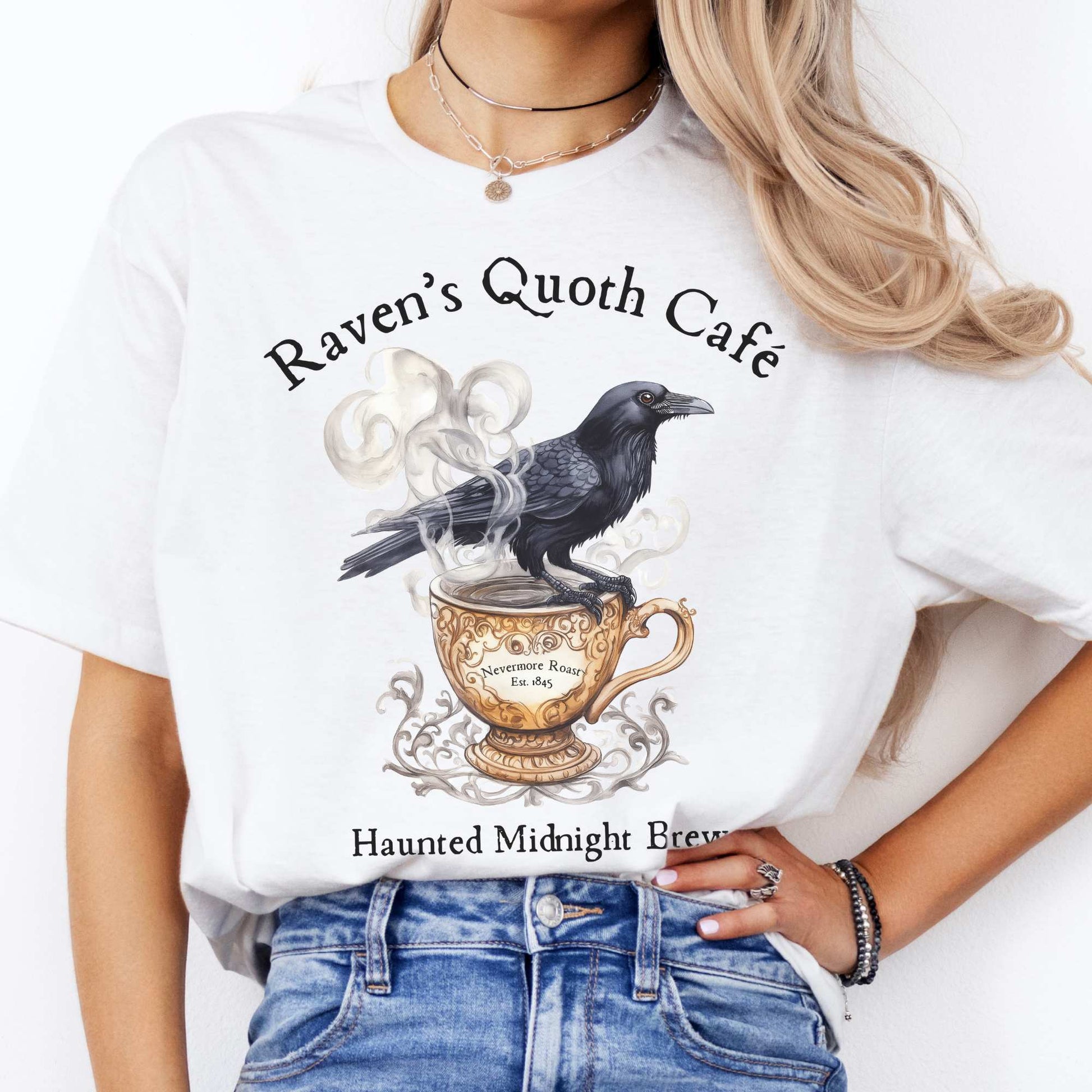 Raven Quoth Cafe Haunted Midnight Brews Edgar Allan Poe Shirt White / S T-Shirt The Mystic Eden Bookish Book Lovers