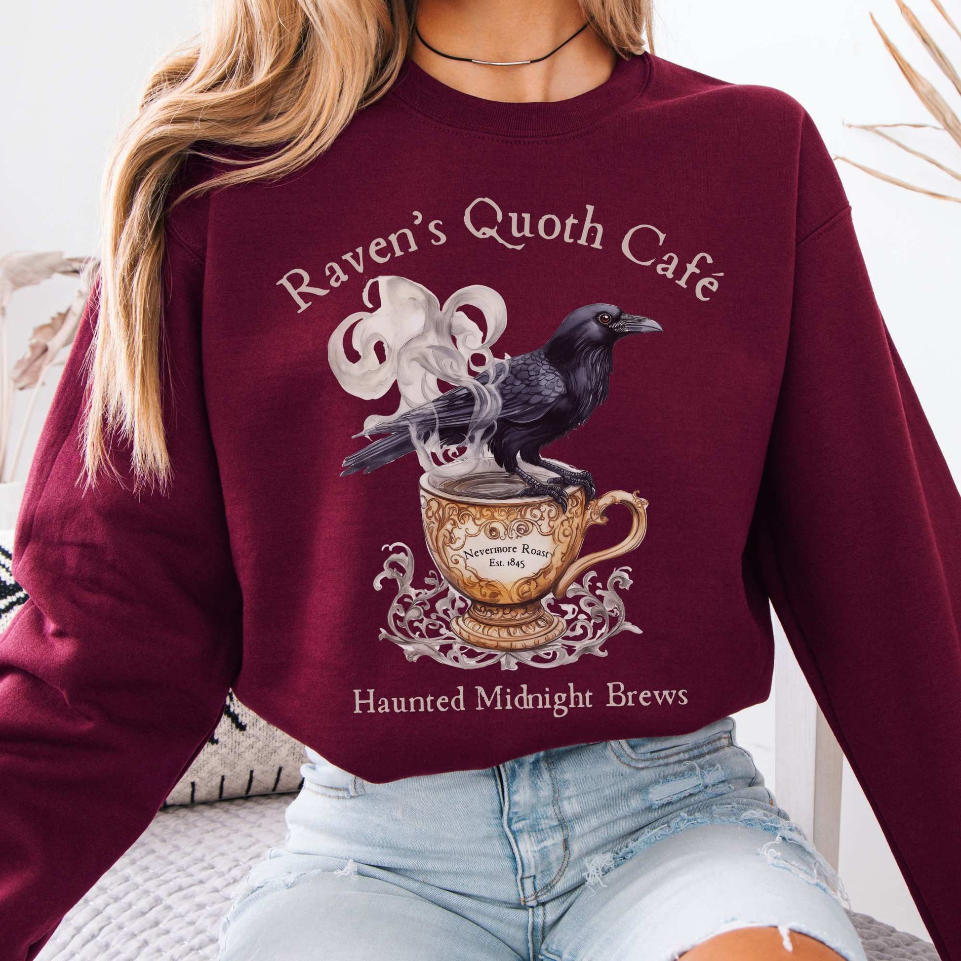 Raven's Quoth Cafe Edgar Allan Poe Sweatshirt Maroon / S Sweatshirt The Mystic Eden Bookish Book Lovers