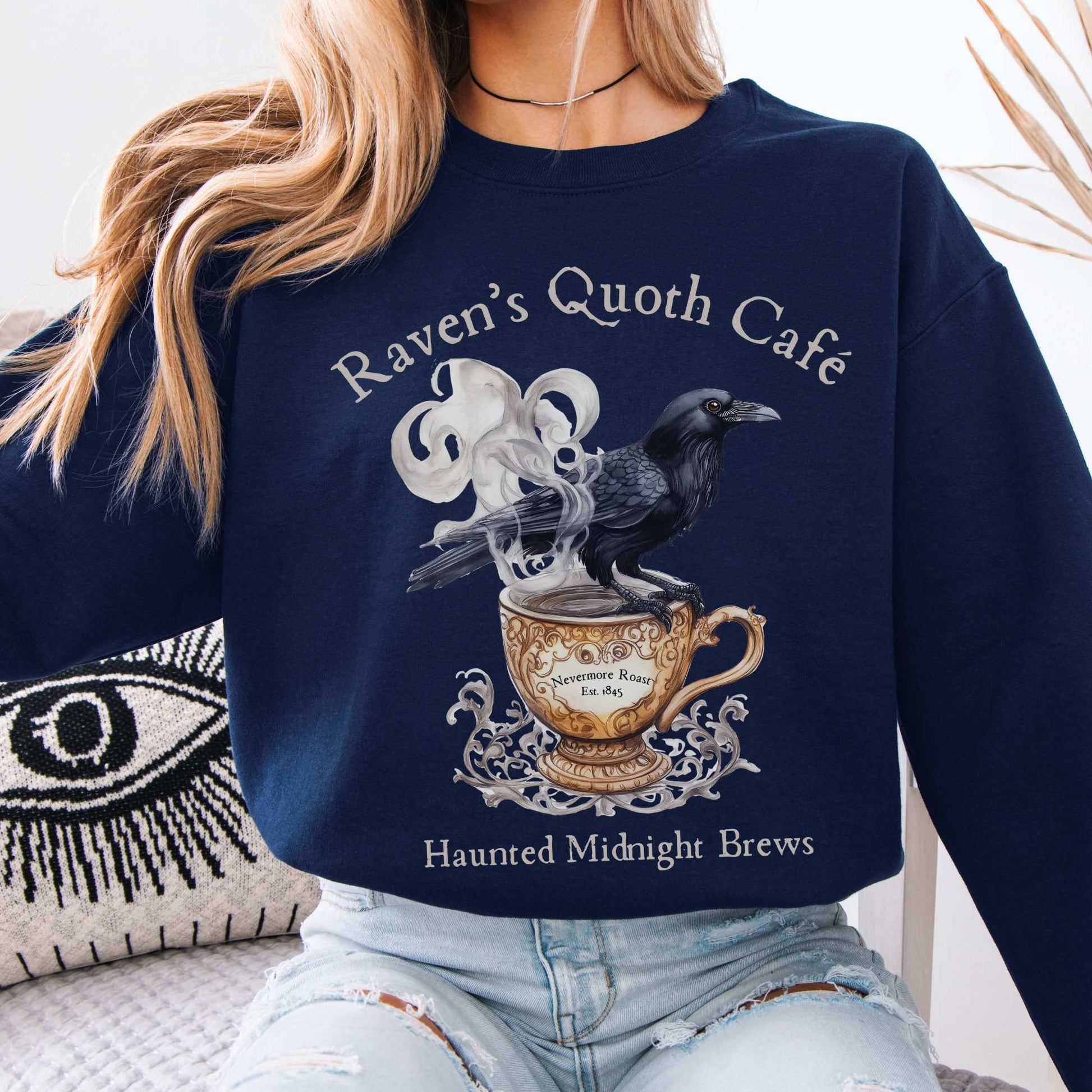Raven's Quoth Cafe Edgar Allan Poe Sweatshirt Navy / S Sweatshirt The Mystic Eden Bookish Book Lovers