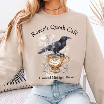 Raven's Quoth Cafe Edgar Allan Poe Sweatshirt Sand / S Sweatshirt The Mystic Eden Bookish Book Lovers