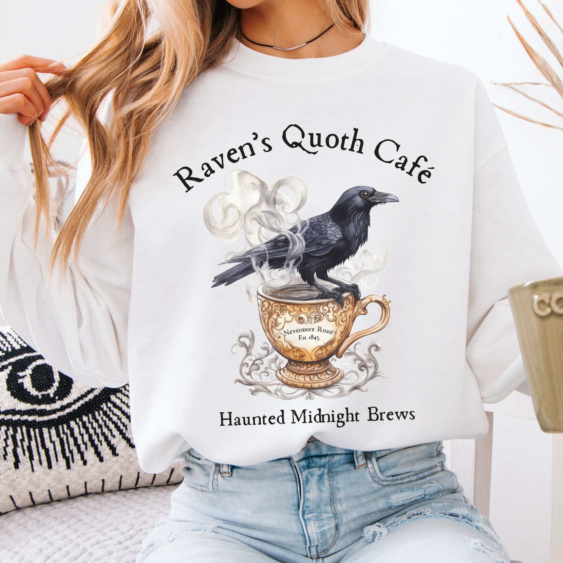 Raven's Quoth Cafe Edgar Allan Poe Sweatshirt White / S Sweatshirt The Mystic Eden Bookish Book Lovers