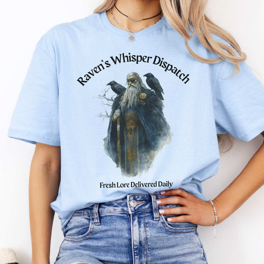 Raven's Whisper Dispatch Fresh Lore Delivered Daily Odin Norse God Shirt Light Blue / S T-Shirt The Mystic Eden Bookish Book Lovers