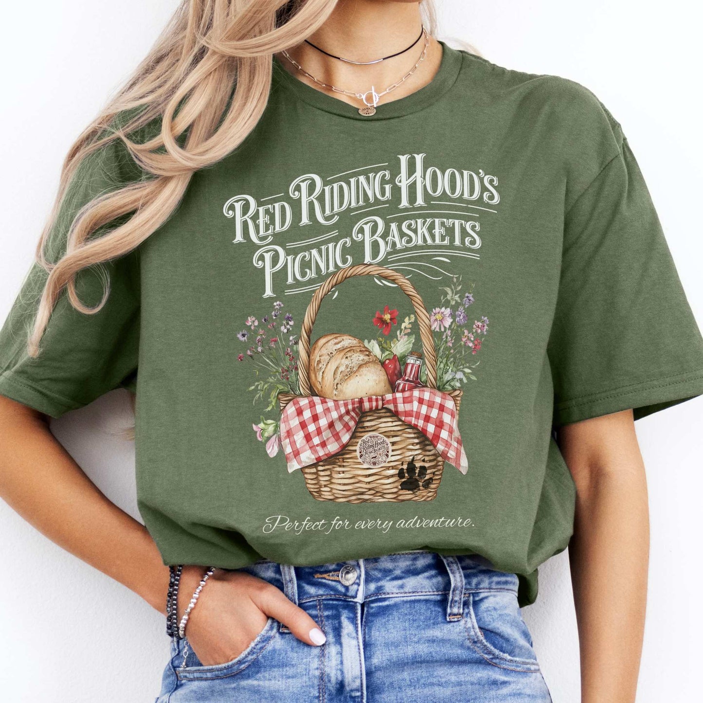 Red Riding Hood's Picnic Baskets Shirt Military Green / S T-Shirt The Mystic Eden Bookish Book Lovers