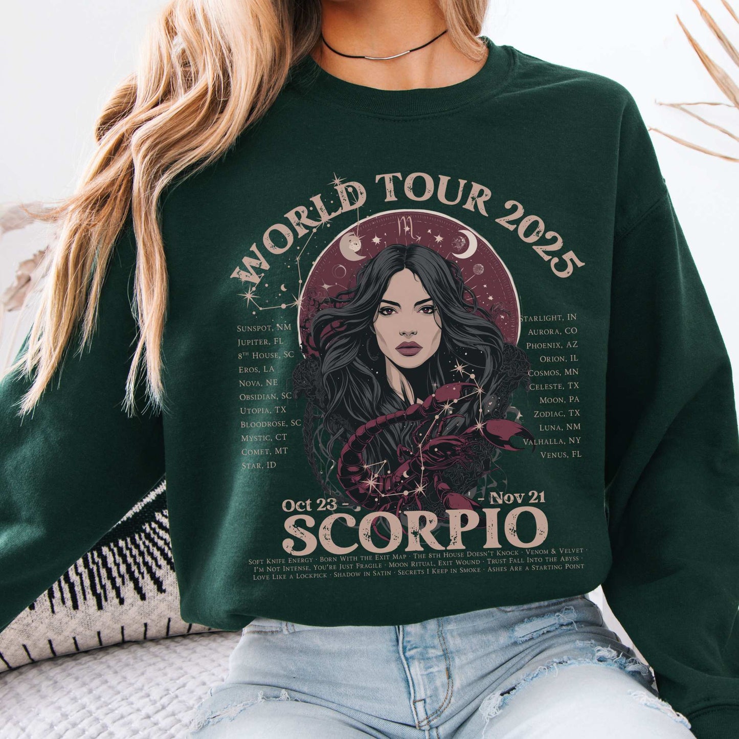 Scorpio Concert Sweatshirt - Zodiac World Tour 2025 Sweatshirt Forest Green / S Sweatshirt The Mystic Eden Bookish Book Lovers
