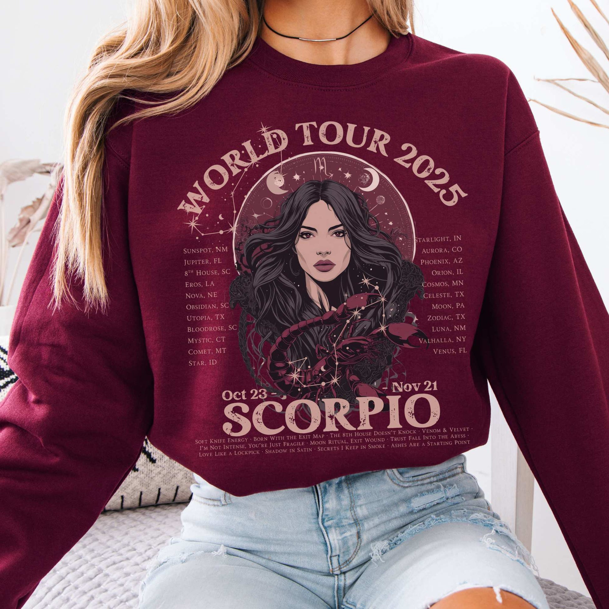 Scorpio Concert Sweatshirt - Zodiac World Tour 2025 Sweatshirt Maroon / S Sweatshirt The Mystic Eden Bookish Book Lovers