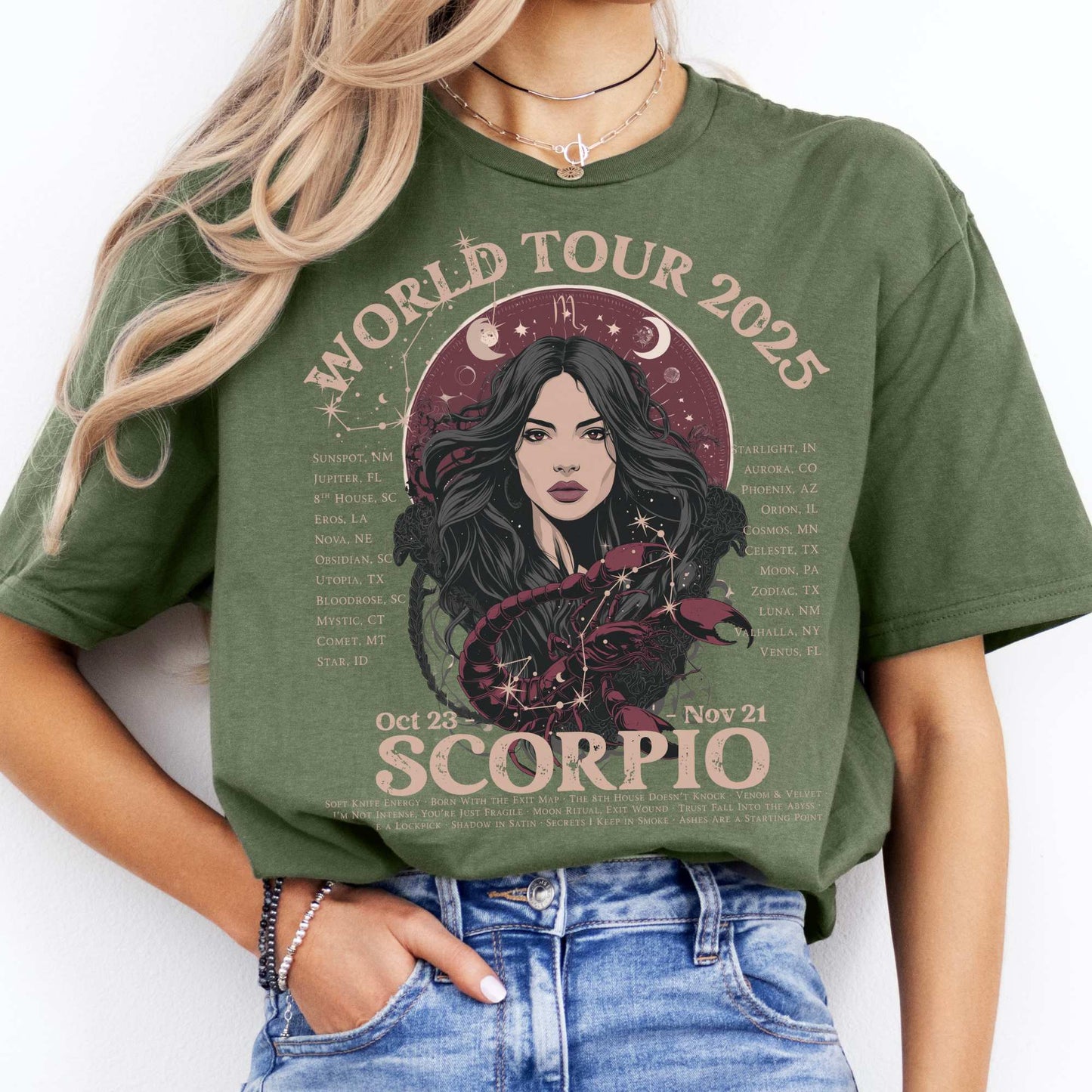 Scorpio Concert T-Shirt - Zodiac World Tour 2025 Shirt Military Green / S T-Shirt The Mystic Eden Bookish Book Lovers