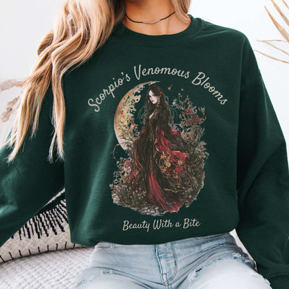 Scorpio's Venomous Blooms Zodiac Sweatshirt Forest Green / S Sweatshirt The Mystic Eden Bookish Book Lovers