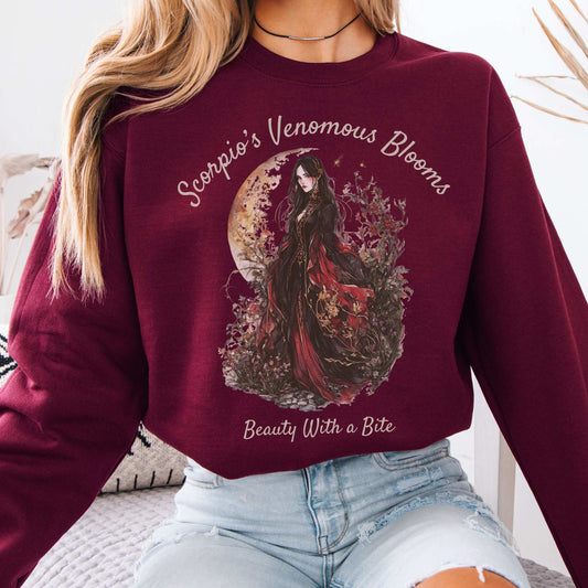 Scorpio's Venomous Blooms Zodiac Sweatshirt Maroon / S Sweatshirt The Mystic Eden Bookish Book Lovers