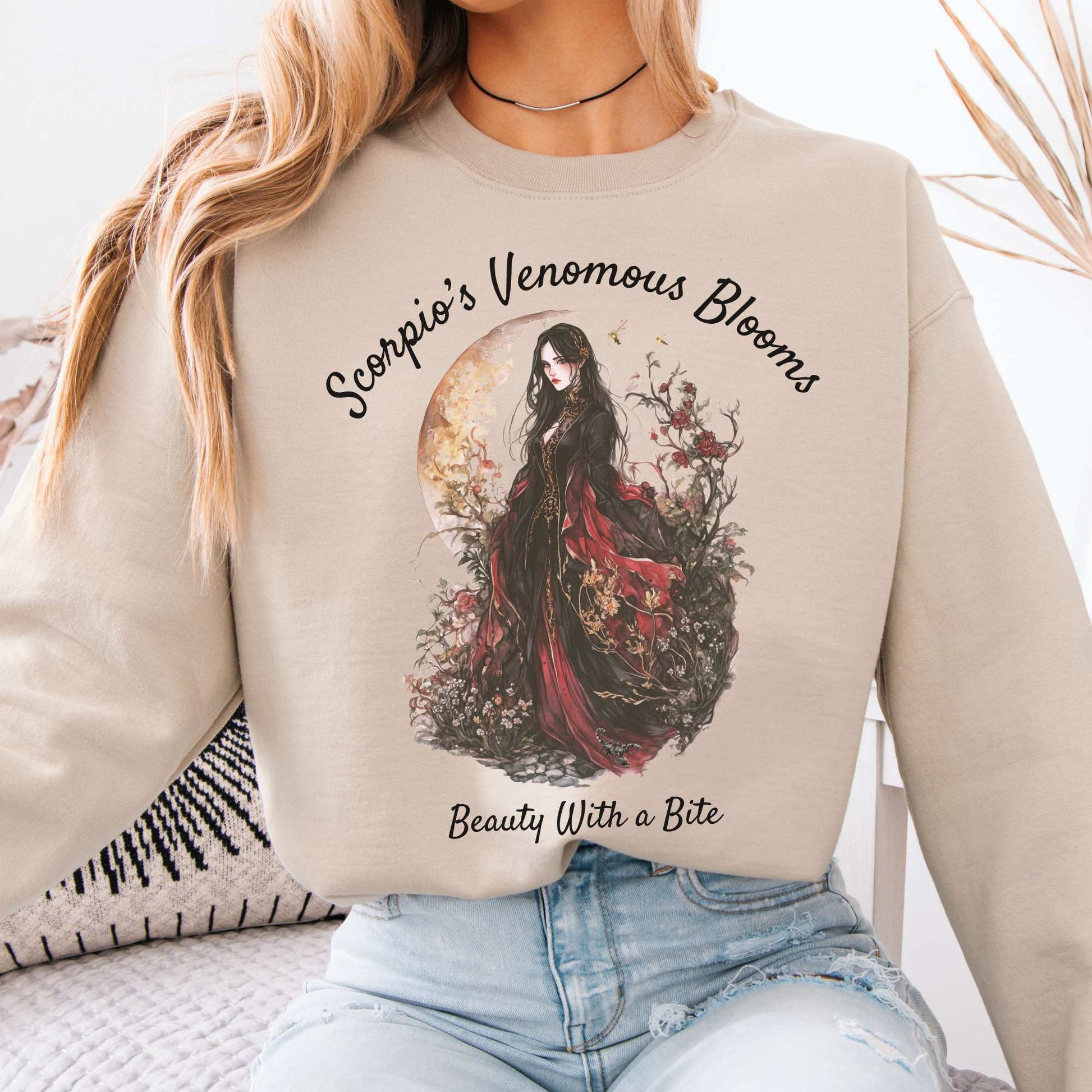 Scorpio's Venomous Blooms Zodiac Sweatshirt Sand / S Sweatshirt The Mystic Eden Bookish Book Lovers