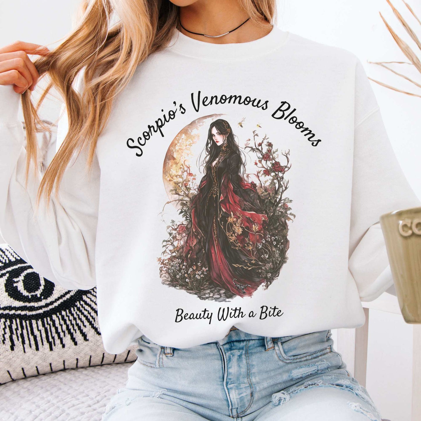 Scorpio's Venomous Blooms Zodiac Sweatshirt White / S Sweatshirt The Mystic Eden Bookish Book Lovers