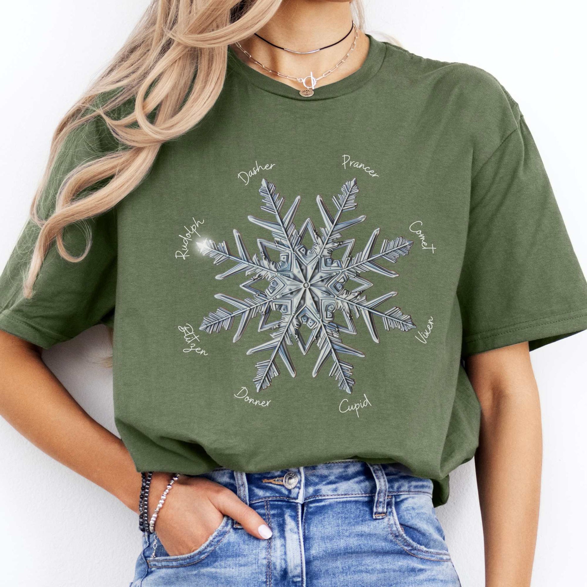 Snowflake Reindeer Christmas Tee Military Green / S T-Shirt The Mystic Eden Bookish Book Lovers