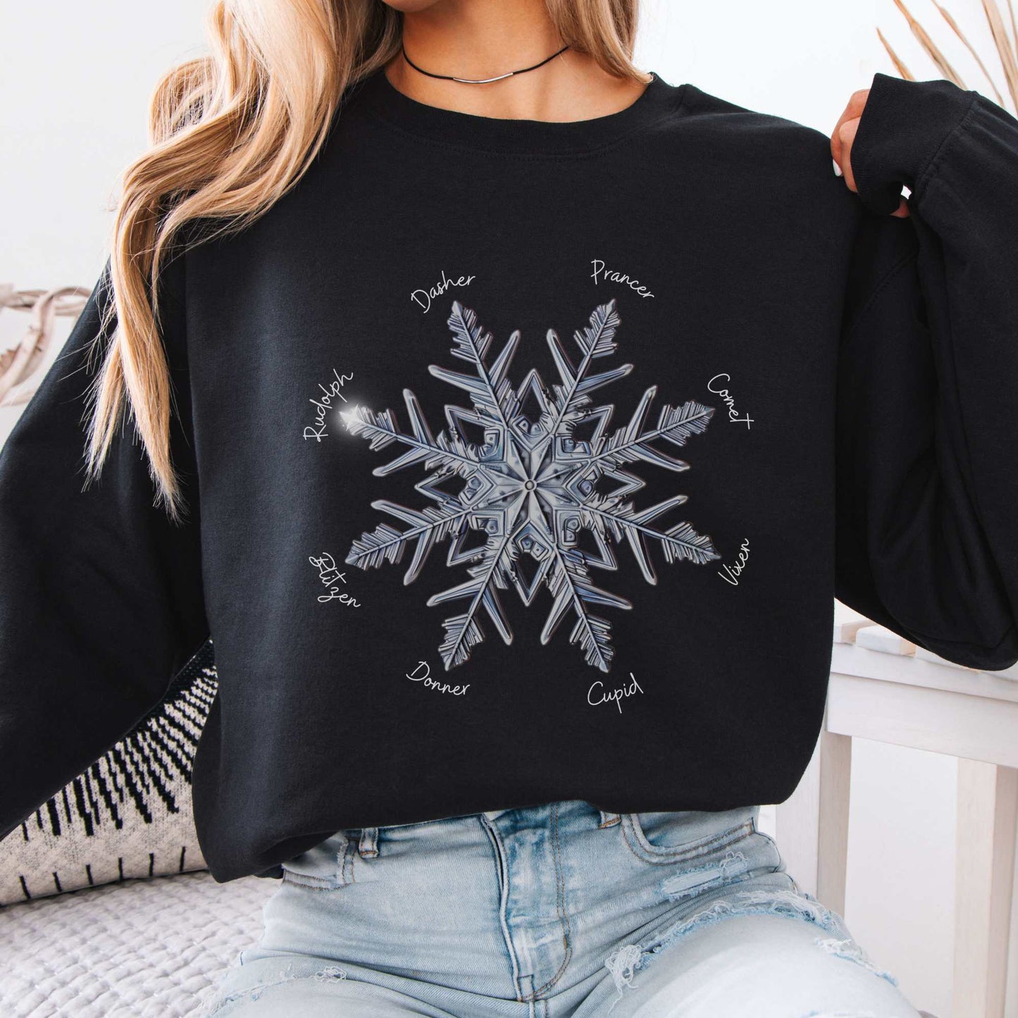 Snowflake Santa's Reindeer Christmas Sweatshirt Black / S Sweatshirt The Mystic Eden Bookish Book Lovers