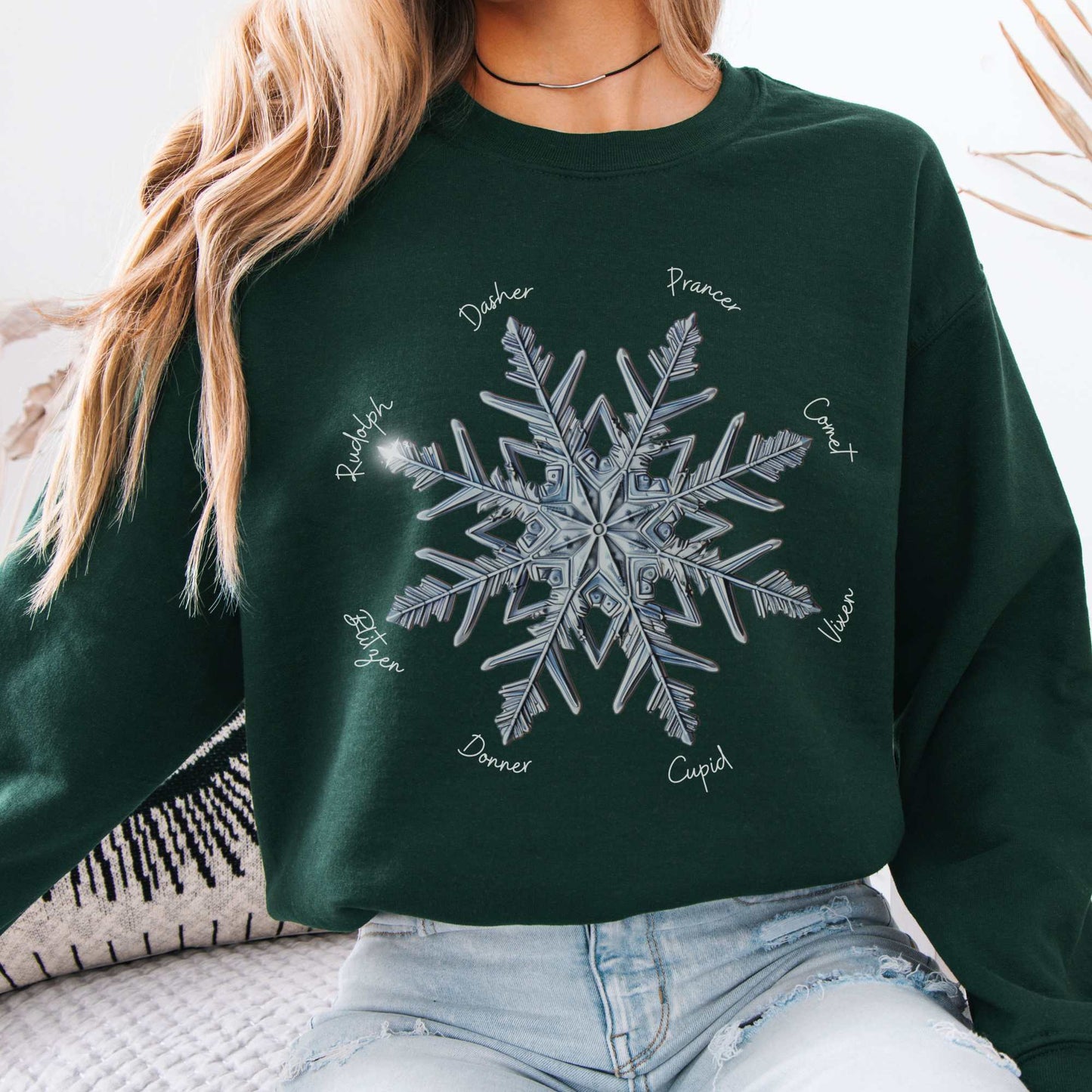 Snowflake Santa's Reindeer Christmas Sweatshirt Forest Green / S Sweatshirt The Mystic Eden Bookish Book Lovers