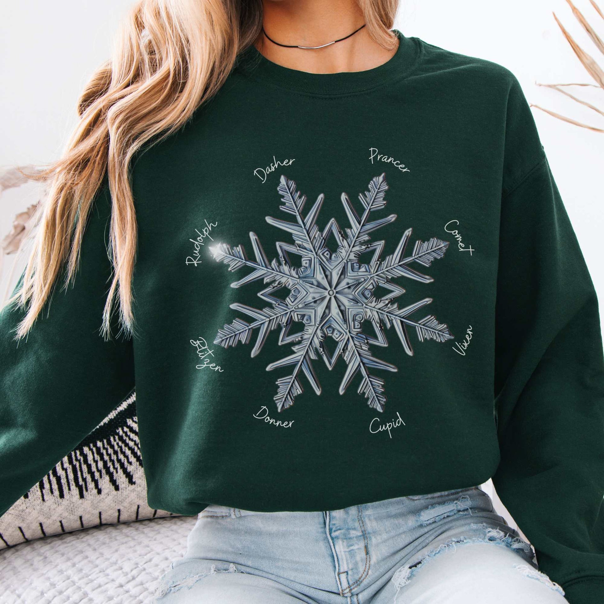 Snowflake Santa's Reindeer Christmas Sweatshirt Forest Green / S Sweatshirt The Mystic Eden Bookish Book Lovers