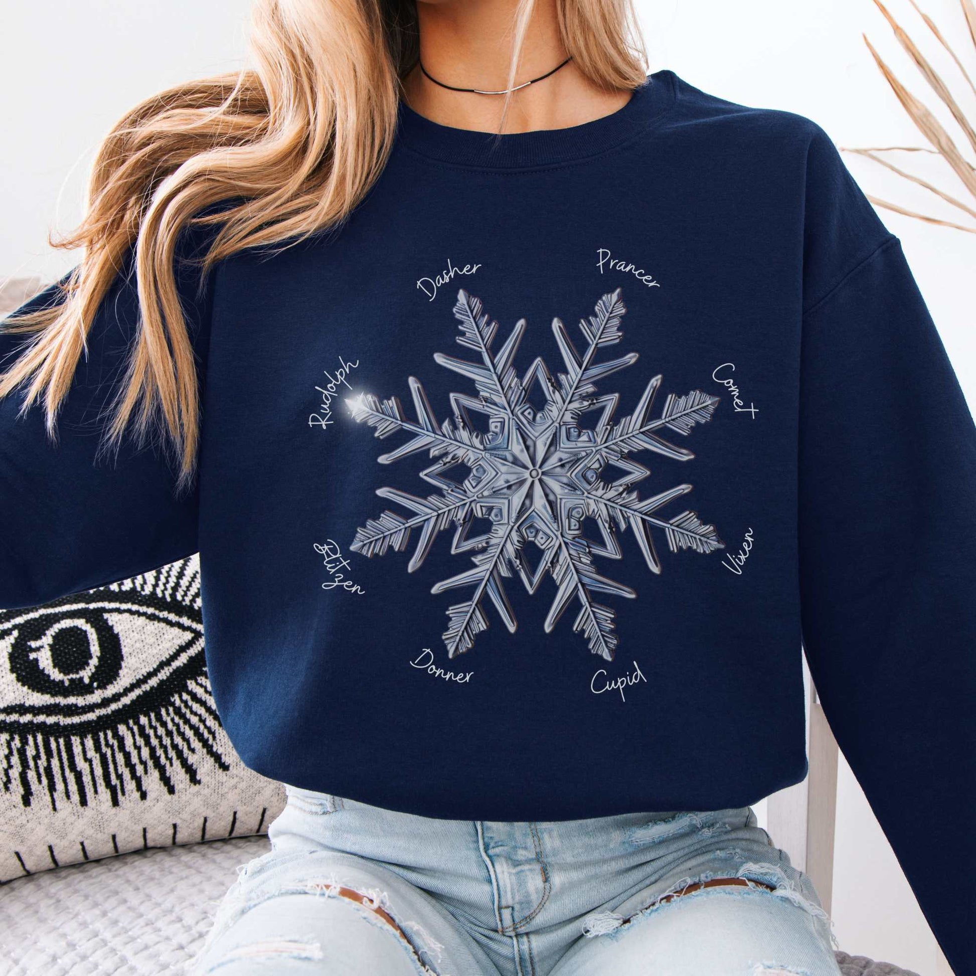 Snowflake Santa's Reindeer Christmas Sweatshirt Navy / S Sweatshirt The Mystic Eden Bookish Book Lovers