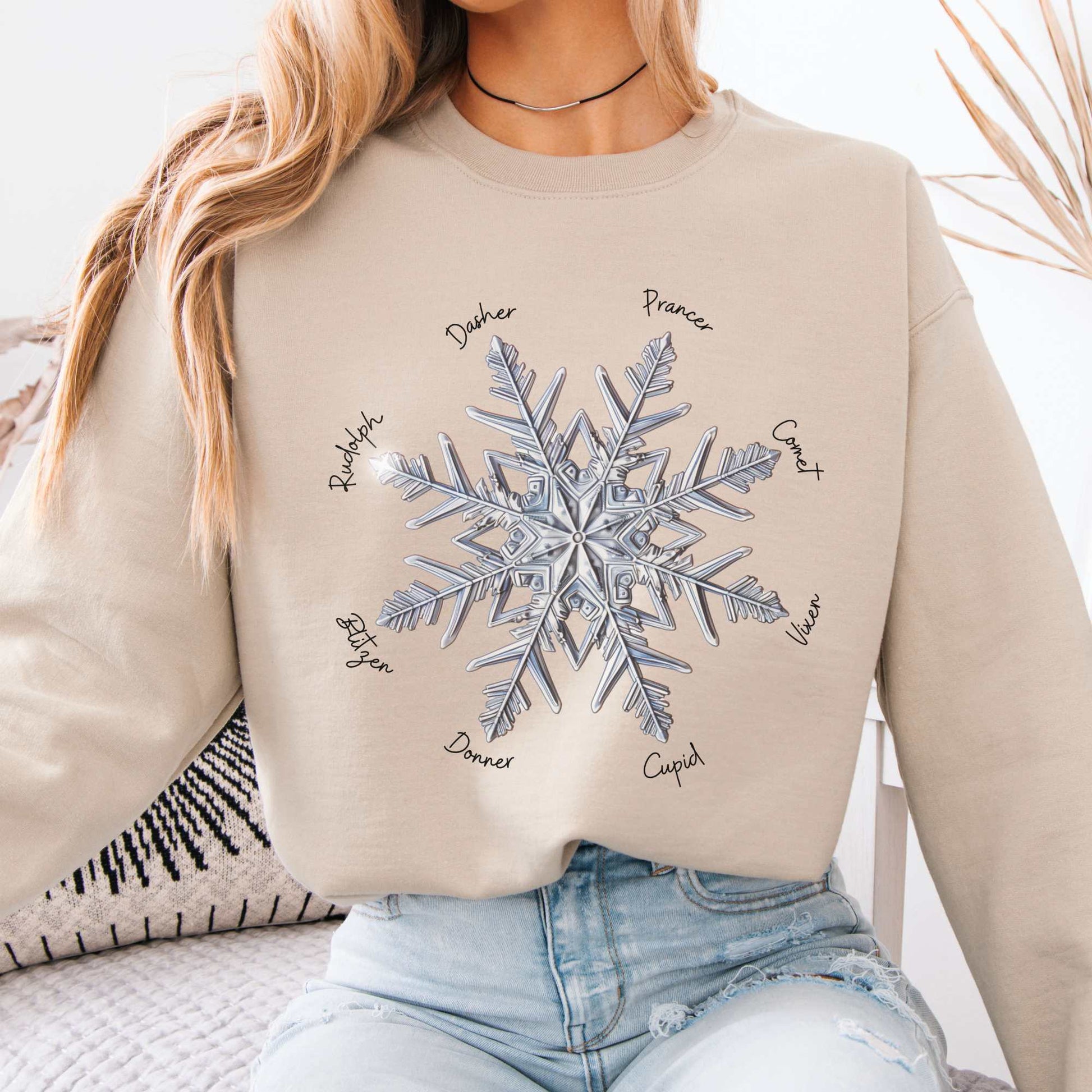 Snowflake Santa's Reindeer Christmas Sweatshirt Sand / S Sweatshirt The Mystic Eden Bookish Book Lovers