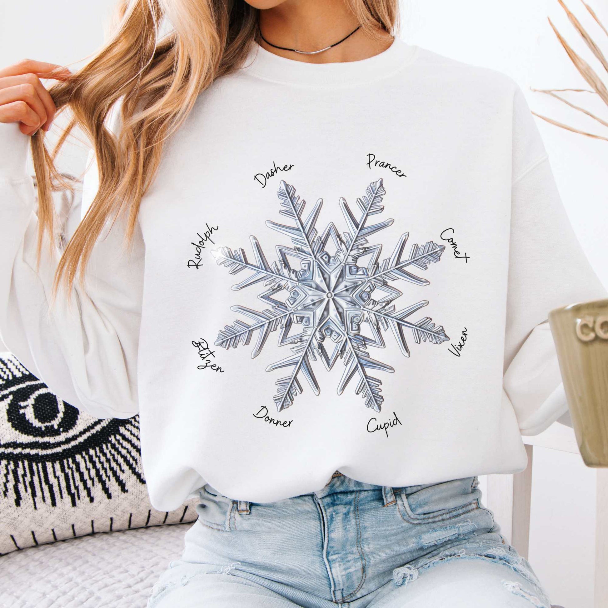 Snowflake Santa's Reindeer Christmas Sweatshirt White / S Sweatshirt The Mystic Eden Bookish Book Lovers