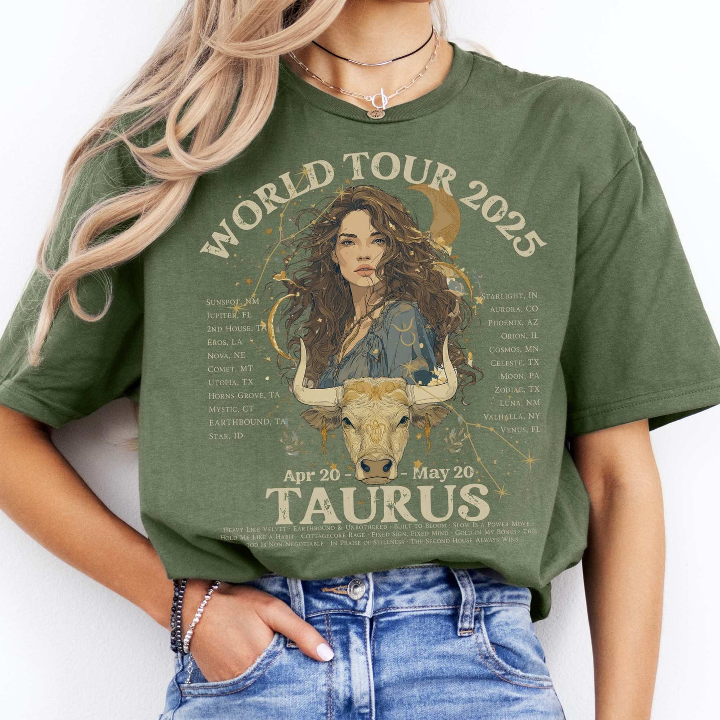 Taurus Concert T-Shirt - Zodiac World Tour 2025 Shirt Military Green / S T-Shirt The Mystic Eden Bookish Book Lovers