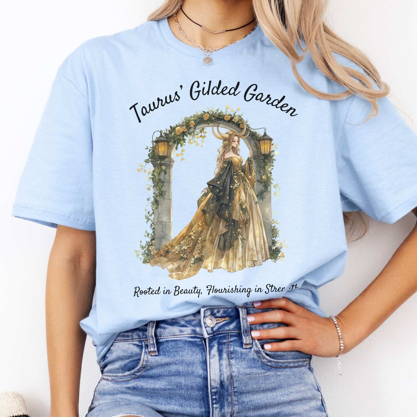 Taurus' Gilded Garden Zodiac Shirt Light Blue / S T-Shirt The Mystic Eden Bookish Book Lovers