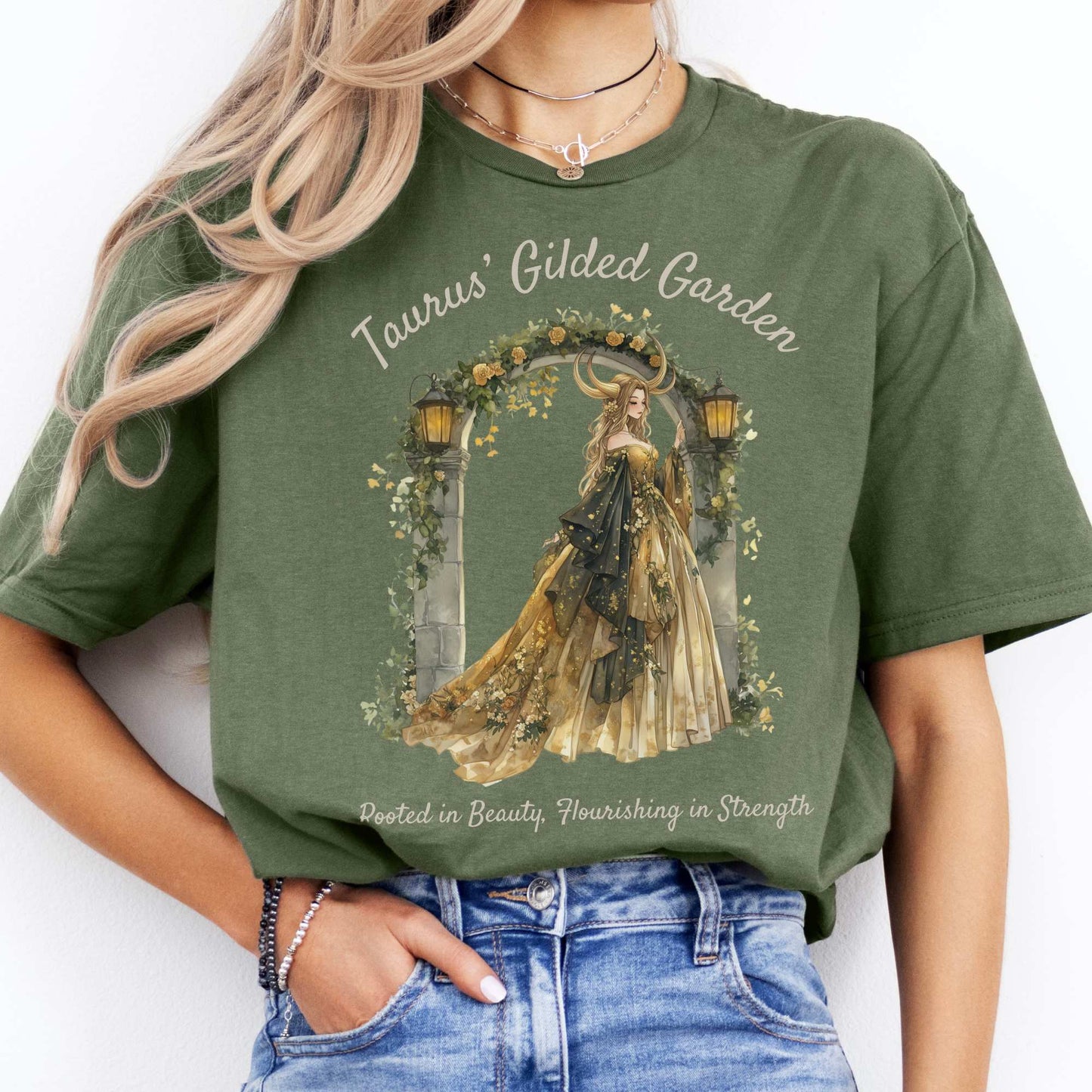 Taurus' Gilded Garden Zodiac Shirt Military Green / S T-Shirt The Mystic Eden Bookish Book Lovers
