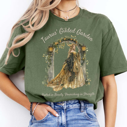 Taurus' Gilded Garden Zodiac Shirt Military Green / S T-Shirt The Mystic Eden Bookish Book Lovers