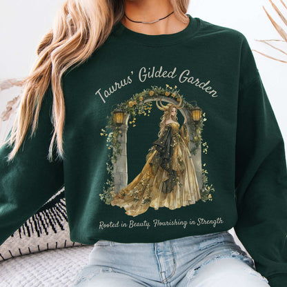 Taurus' Gilded Garden Zodiac Sweatshirt Forest Green / S Sweatshirt The Mystic Eden Bookish Book Lovers