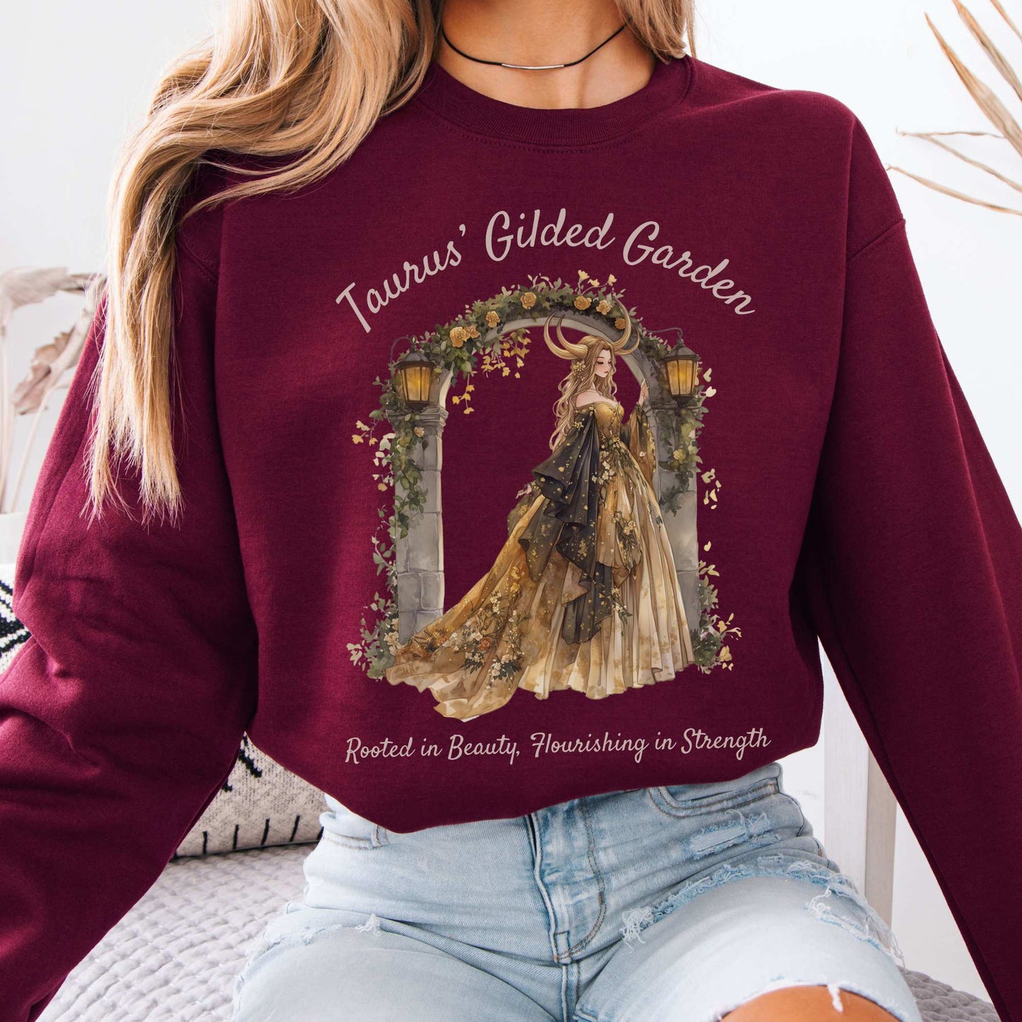 Taurus' Gilded Garden Zodiac Sweatshirt Maroon / S Sweatshirt The Mystic Eden Bookish Book Lovers