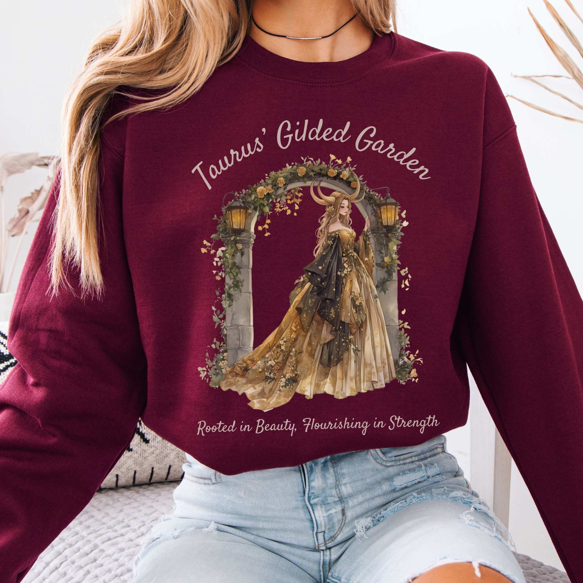 Taurus' Gilded Garden Zodiac Sweatshirt Maroon / S Sweatshirt The Mystic Eden Bookish Book Lovers