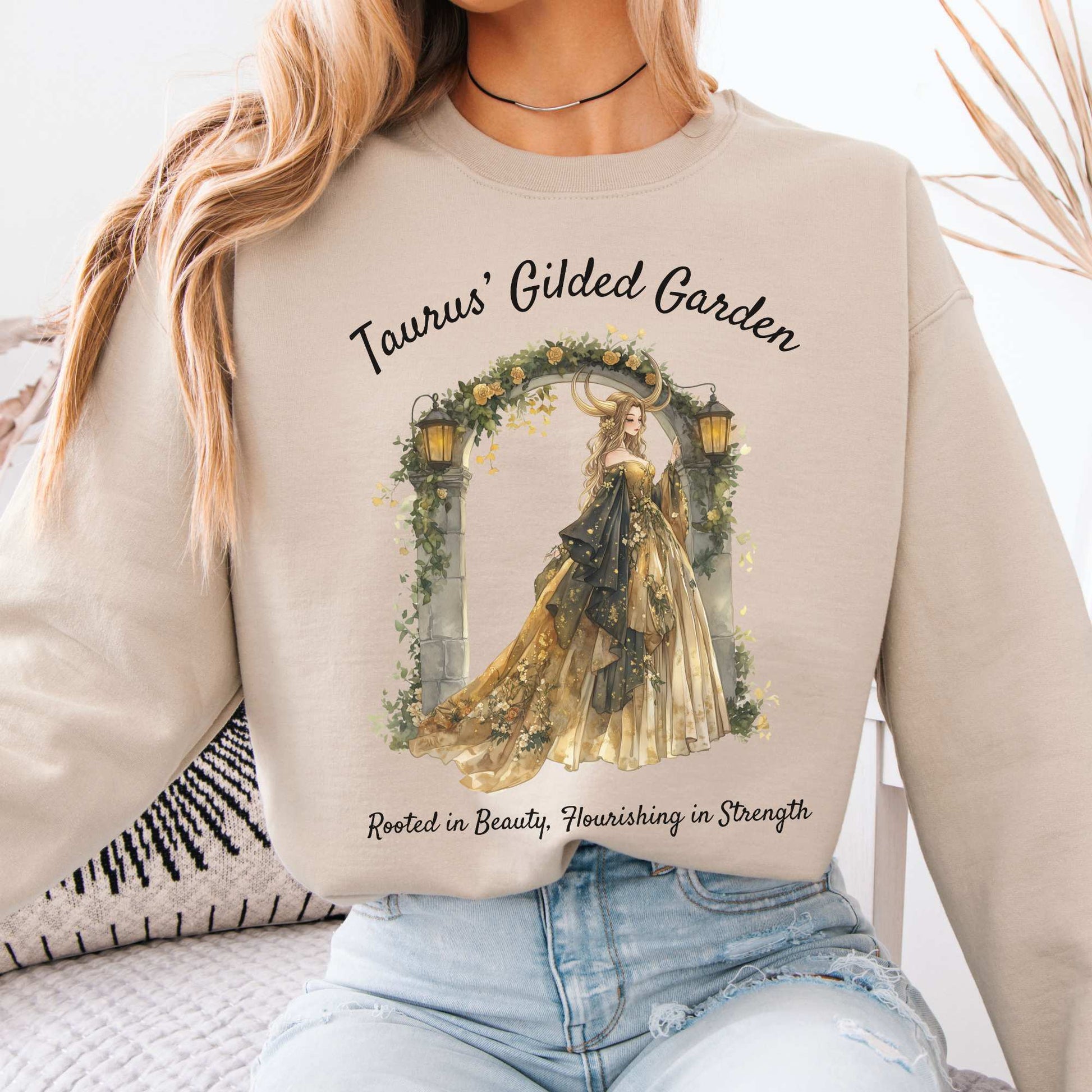Taurus' Gilded Garden Zodiac Sweatshirt Sand / S Sweatshirt The Mystic Eden Bookish Book Lovers