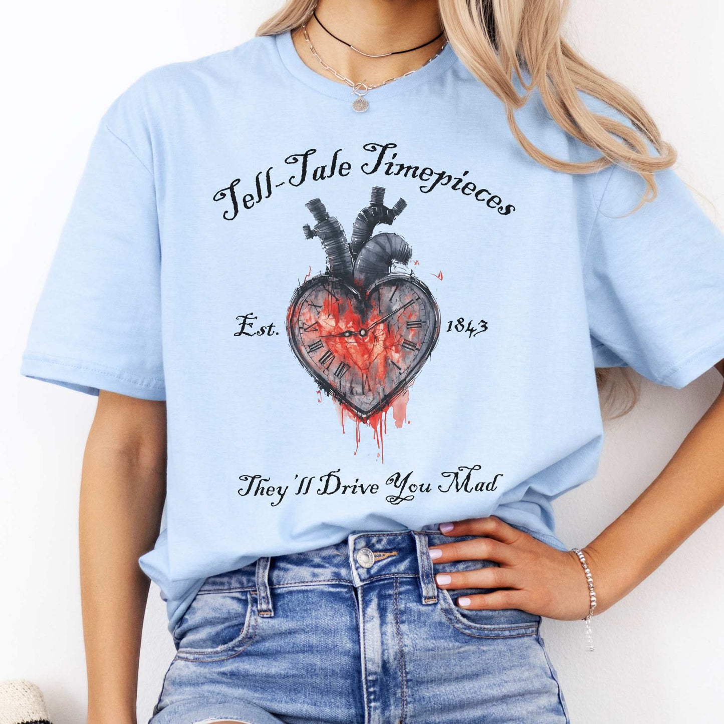 Tell-Tale Timepieces Edgar Allan Poe Shirt Light Blue / S T-Shirt The Mystic Eden Bookish Book Lovers