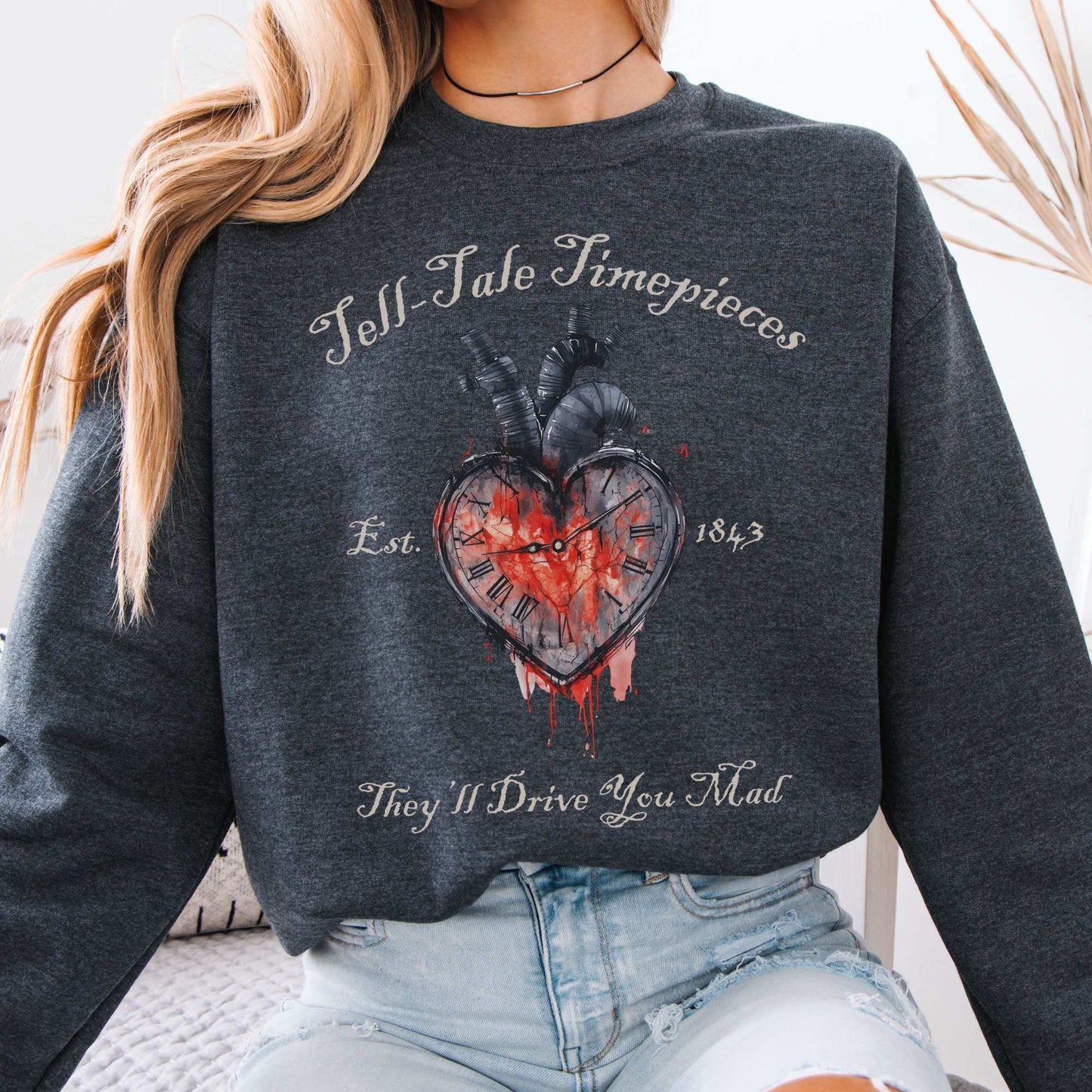 Tell-Tale Timepieces Edgar Allan Poe Sweatshirt Dark Heather / S Sweatshirt The Mystic Eden Bookish Book Lovers