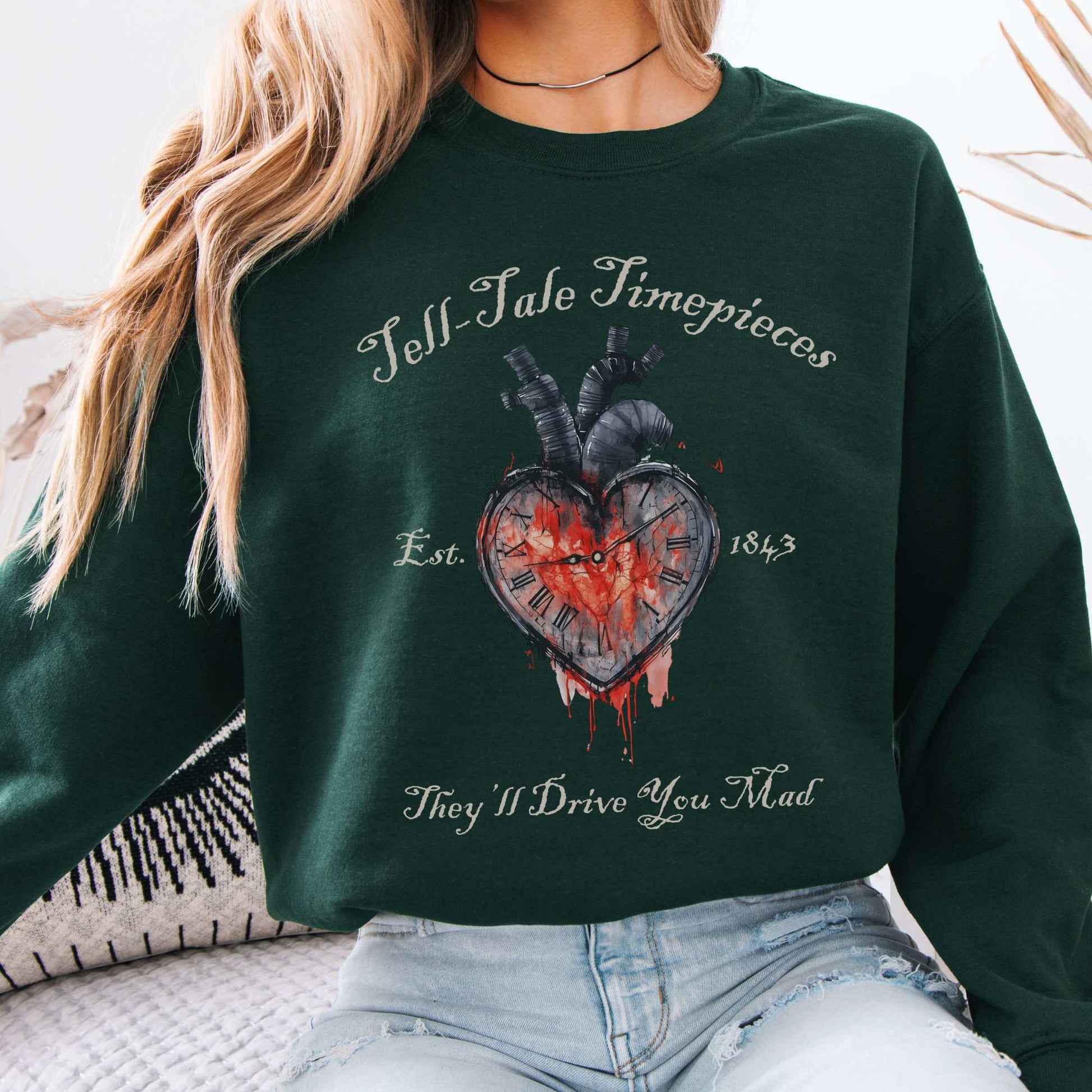 Tell-Tale Timepieces Edgar Allan Poe Sweatshirt Forest Green / S Sweatshirt The Mystic Eden Bookish Book Lovers