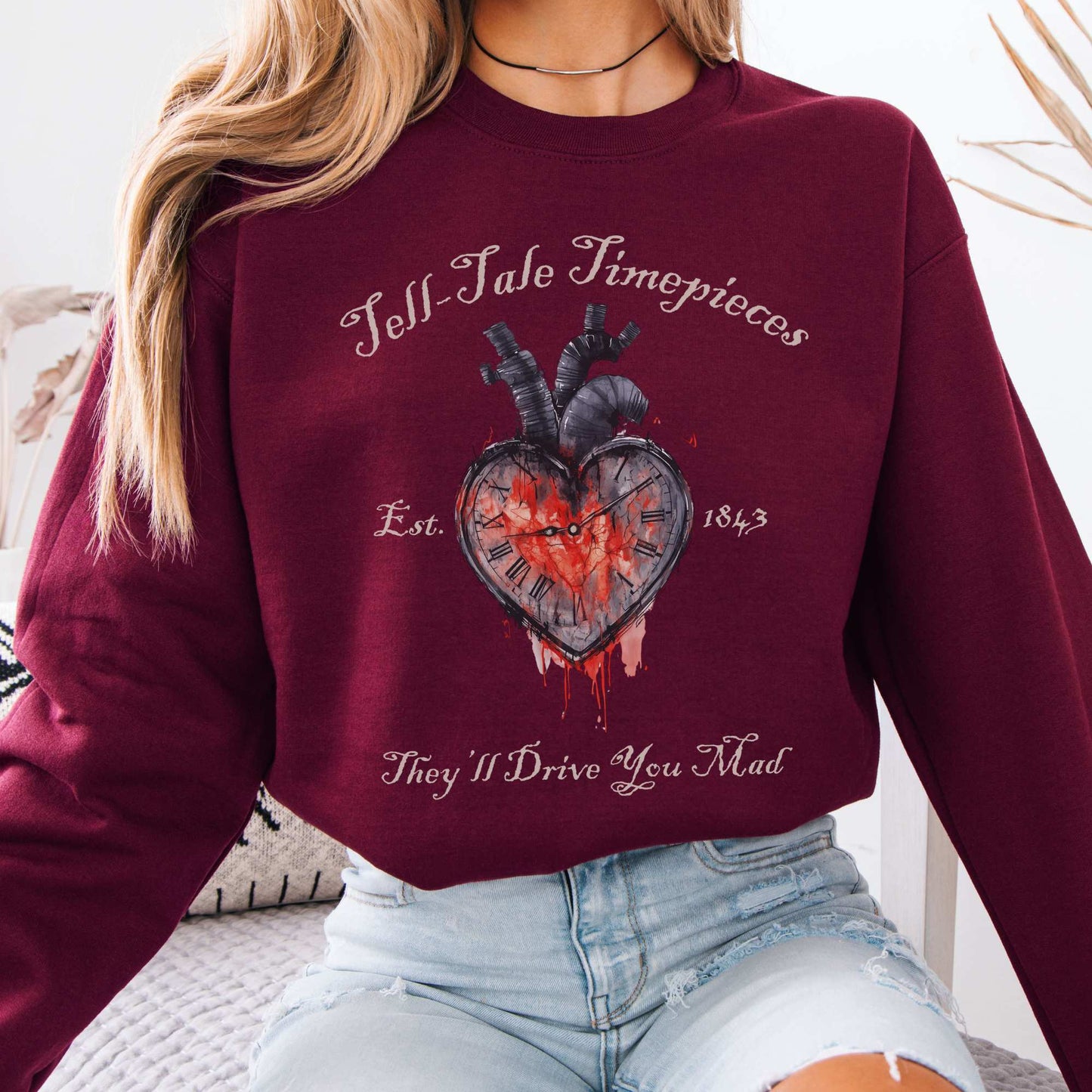 Tell-Tale Timepieces Edgar Allan Poe Sweatshirt Maroon / S Sweatshirt The Mystic Eden Bookish Book Lovers